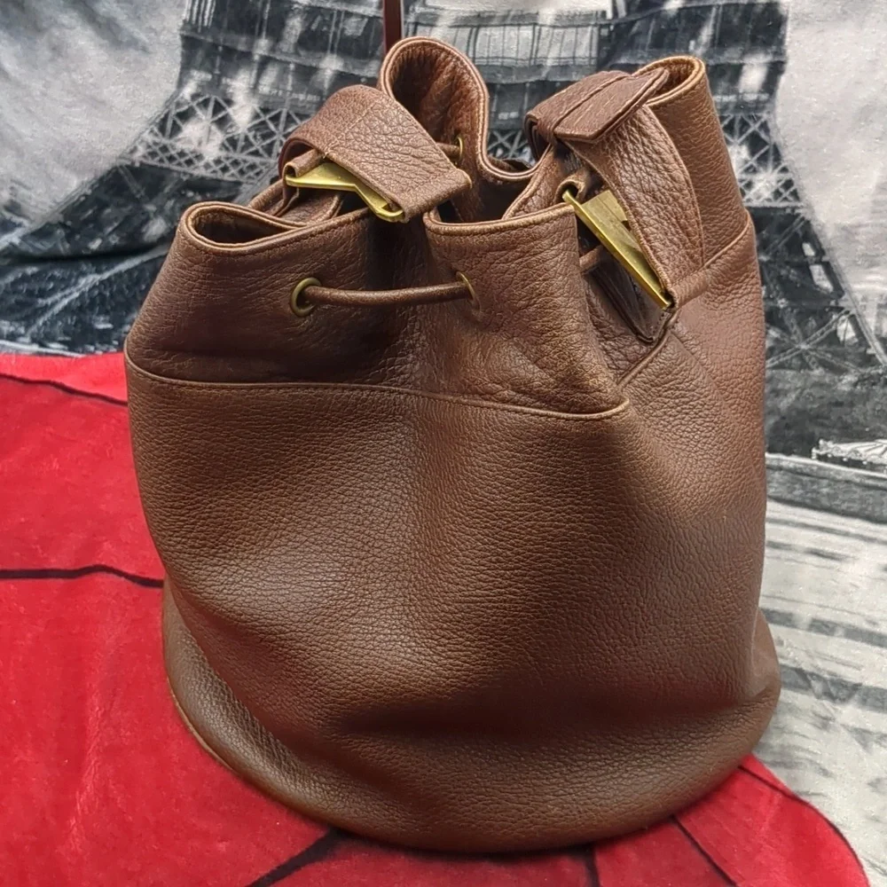 Donna Karen brown leather drawstring purse - Picture 2 of 11